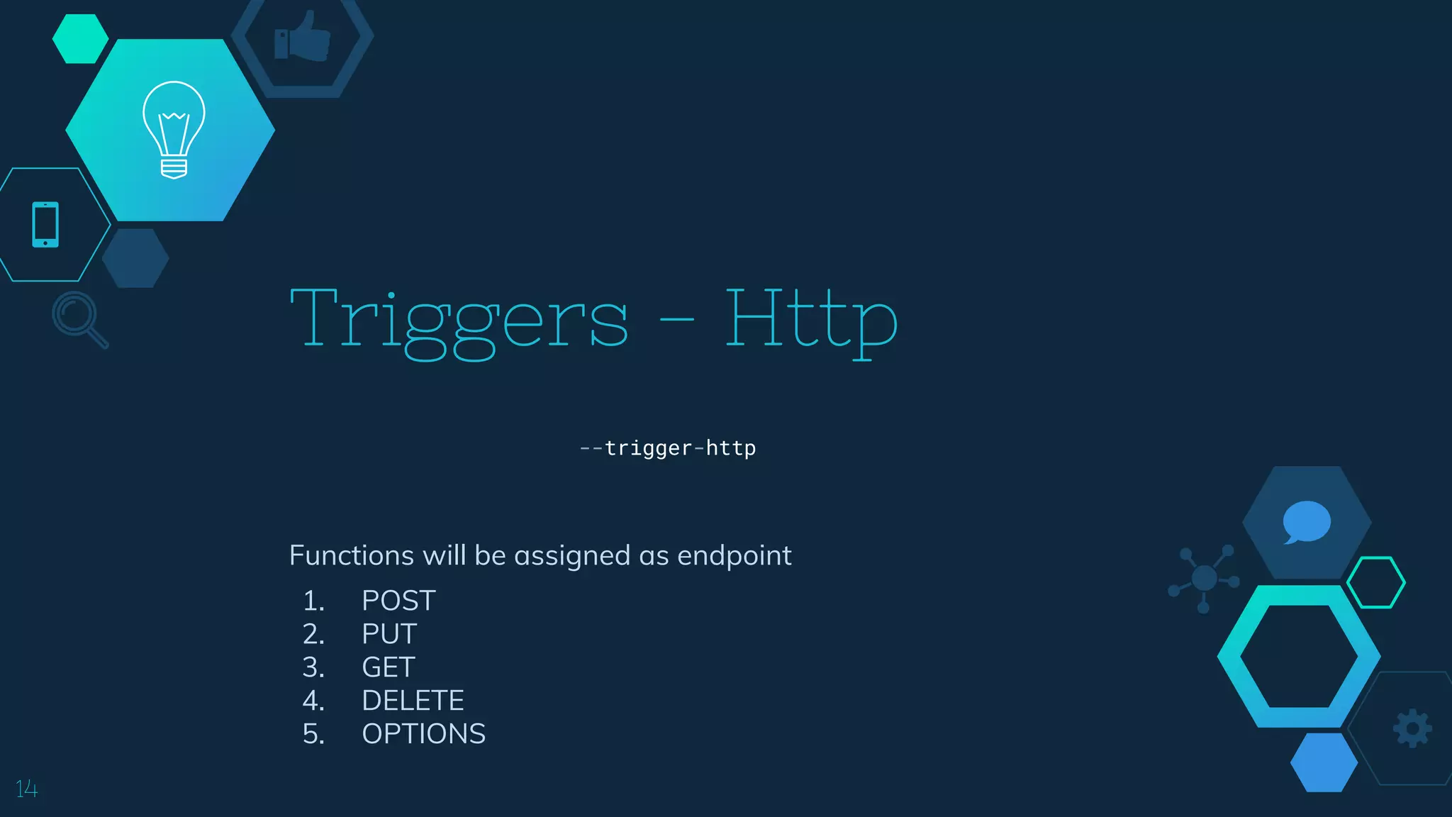 Functions will be assigned as endpoint
1. POST
2. PUT
3. GET
4. DELETE
5. OPTIONS
Triggers - Http
14
--trigger-http
 