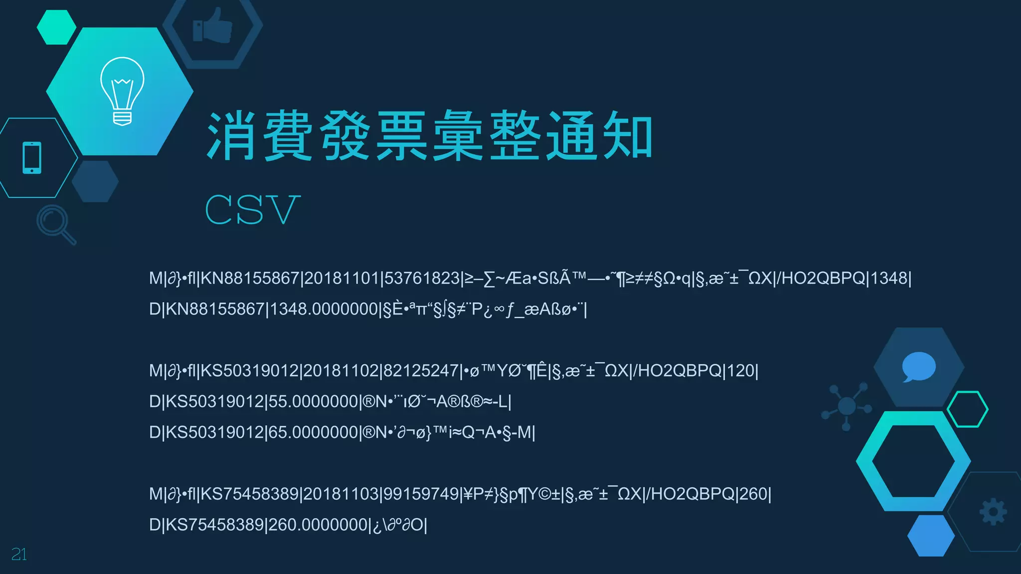 消費發票彙整通知
csv
21
M|∂}•ﬂ|KN88155867|20181101|53761823|≥–∑~Æa•SßÃ™—•˜¶≥≠≠§Ω•q|§‚æ˜±¯ΩX|/HO2QBPQ|1348|
D|KN88155867|1348.0000000|§È•ªπ“§∫§≠¨P¿∞ƒ_æAßø•¨|
M|∂}•ﬂ|KS50319012|20181102|82125247|•ø™YØ˘¶Ê|§‚æ˜±¯ΩX|/HO2QBPQ|120|
D|KS50319012|55.0000000|®N•’¨ıØ˘¬A®ß®≈-L|
D|KS50319012|65.0000000|®N•’∂¬ø}™i≈Q¬A•§-M|
M|∂}•ﬂ|KS75458389|20181103|99159749|¥P≠}§p¶Y©±|§‚æ˜±¯ΩX|/HO2QBPQ|260|
D|KS75458389|260.0000000|¿∂º∂O|
 