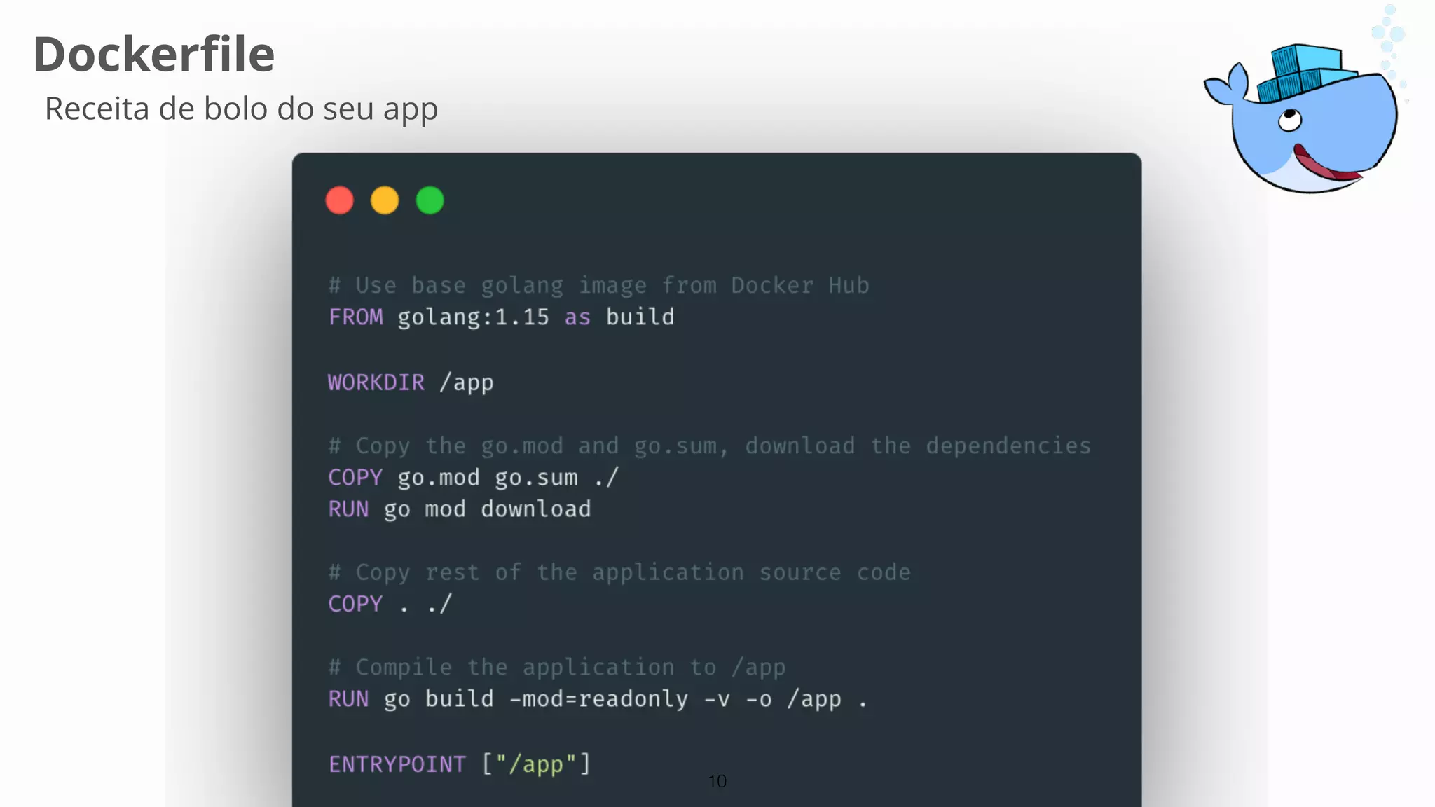 10
Docker
fi
le
Receita de bolo do seu app
 