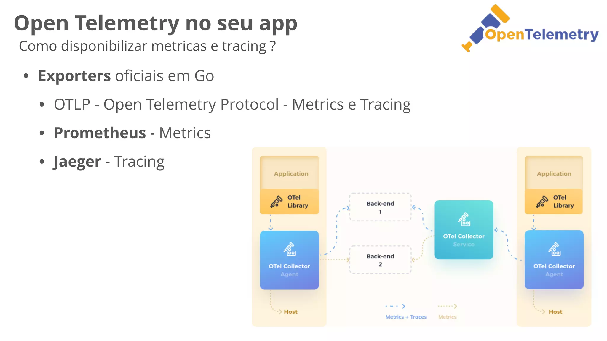 Open Telemetry no seu app
Como disponibilizar metricas e tracing ?
• Exporters o
fi
ciais em Go


• OTLP - Open Telemetry Protocol - Metrics e Tracing


• Prometheus - Metrics


• Jaeger - Tracing
 