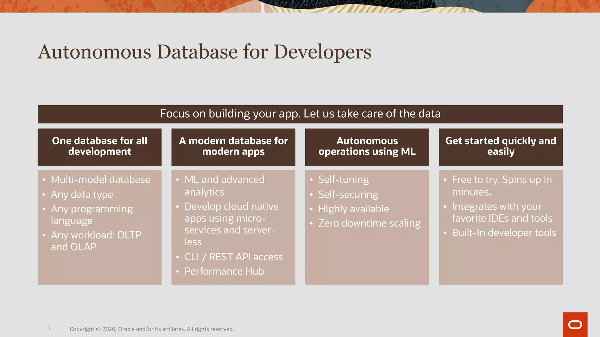 15
Autonomous Database for Developers
One database for all
development
• Multi-model database
• Any data type
• Any programming
language
• Any workload: OLTP
and OLAP
A modern database for
modern apps
• ML and advanced
analytics
• Develop cloud native
apps using micro-
services and server-
less
• CLI / REST API access
• Performance Hub
Autonomous
operations using ML
• Self-tuning
• Self-securing
• Highly available
• Zero downtime scaling
Get started quickly and
easily
• Free to try. Spins up in
minutes.
• Integrates with your
favorite IDEs and tools
• Built-In developer tools
Focus on building your app. Let us take care of the data
Copyright © 2020, Oracle and/or its affiliates. All rights reserved.
 