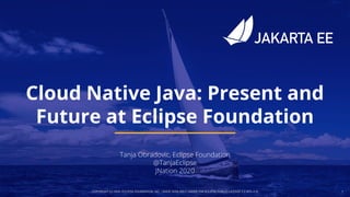 COPYRIGHT (C) 2020, ECLIPSE FOUNDATION, INC. | MADE AVAILABLE UNDER THE ECLIPSE PUBLIC LICENSE 2.0 (EPL-2.0) 1
Cloud Native Java: Present and
Future at Eclipse Foundation
Tanja Obradovic, Eclipse Foundation
@TanjaEclipse
JNation 2020
 