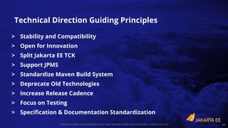 COPYRIGHT (C) 2020, ECLIPSE FOUNDATION, INC. | MADE AVAILABLE UNDER THE ECLIPSE PUBLIC LICENSE 2.0 (EPL-2.0) 24
> Stability and Compatibility
> Open for Innovation
> Split Jakarta EE TCK
> Support JPMS
> Standardize Maven Build System
> Deprecate Old Technologies
> Increase Release Cadence
> Focus on Testing
> Speciﬁcation & Documentation Standardization
Technical Direction Guiding Principles
 