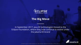 COPYRIGHT (C) 2020, ECLIPSE FOUNDATION, INC. | MADE AVAILABLE UNDER THE ECLIPSE PUBLIC LICENSE 2.0 (EPL-2.0)
The Big Move
5
In September 2017, Java EE technologies moved to the
Eclipse Foundation, where they now continue to evolve under
the Jakarta EE brand
 
