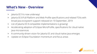 8COPYRIGHT (C) 2020, ECLIPSE FOUNDATION, INC. | MADE AVAILABLE UNDER THE ECLIPSE PUBLIC LICENSE 2.0 (EPL-2.0)
> Jakarta EE 9 is now underway!
> Jakarta EE 8 Full Platform and Web Proﬁle speciﬁcations and related TCKs with
broad Java ecosystem support released on 10 September, 2019
> List of Jakarta EE 8 compatible implementations is growing!
> Accelerating adoption of Eclipse MicroProﬁle, speciﬁcations for cloud native
Java microservices
> A community-driven vision for Jakarta EE and cloud native Java emerges
> Update on Eclipse Foundation momentum and focus areas
What’s New - Overview
 