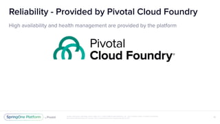 Unless otherwise indicated, these slides are © 2013-2018 Pivotal Software, Inc. and licensed under a Creative Commons
Attribution-NonCommercial license: http://creativecommons.org/licenses/by-nc/3.0/
Reliability - Provided by Pivotal Cloud Foundry
High availability and health management are provided by the platform
10
 