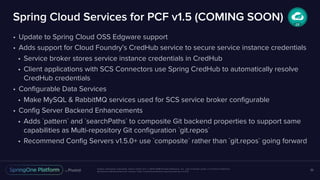 Unless otherwise indicated, these slides are © 2013-2018 Pivotal Software, Inc. and licensed under a Creative Commons
Attribution-NonCommercial license: http://creativecommons.org/licenses/by-nc/3.0/
Spring Cloud Services for PCF v1.5 (COMING SOON)
• Update to Spring Cloud OSS Edgware support
• Adds support for Cloud Foundry’s CredHub service to secure service instance credentials
• Service broker stores service instance credentials in CredHub
• Client applications with SCS Connectors use Spring CredHub to automatically resolve
CredHub credentials
• Configurable Data Services
• Make MySQL & RabbitMQ services used for SCS service broker configurable
• Config Server Backend Enhancements
• Adds `pattern` and `searchPaths` to composite Git backend properties to support same
capabilities as Multi-repository Git configuration `git.repos`
• Recommend Config Servers v1.5.0+ use `composite` rather than `git.repos` going forward
35
 