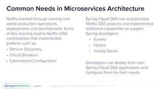 Unless otherwise indicated, these slides are © 2013-2018 Pivotal Software, Inc. and licensed under a Creative Commons
Attribution-NonCommercial license: http://creativecommons.org/licenses/by-nc/3.0/
Common Needs in Microservices Architecture
Netflix learned through running real
world production operations,
deployments and development. Some
of this learning lead to Netflix OSS
contributions that implemented
patterns such as:
• Service Discovery
• Circuit Breakers
• Externalized Configuration
5
Spring Cloud OSS has incorporated
Netflix OSS projects and implemented
additional capabilities to support
Spring developers:
• Eureka
• Hystrix
• Config Server
Developers can deploy their own
Spring Cloud OSS applications and
configure them for their needs.
 