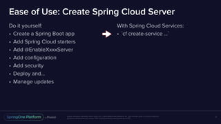 Unless otherwise indicated, these slides are © 2013-2018 Pivotal Software, Inc. and licensed under a Creative Commons
Attribution-NonCommercial license: http://creativecommons.org/licenses/by-nc/3.0/
Ease of Use: Create Spring Cloud Server
Do it yourself:
• Create a Spring Boot app
• Add Spring Cloud starters
• Add @EnableXxxxServer
• Add configuration
• Add security
• Deploy and…
• Manage updates
7
With Spring Cloud Services:
• `cf create-service …`
 