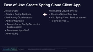 Unless otherwise indicated, these slides are © 2013-2018 Pivotal Software, Inc. and licensed under a Creative Commons
Attribution-NonCommercial license: http://creativecommons.org/licenses/by-nc/3.0/
Ease of Use: Create Spring Cloud Client App
Do it yourself:
• Create a Spring Boot app
• Add Spring Cloud starters
• Add configuration
• Eureka-first or Config Server-first
bootstrapping?
• Environment profiles?
• Add security
8
With Spring Cloud Services:
• Create a Spring Boot app
• Add Spring Cloud Services starters
• `cf bind-service …`
 