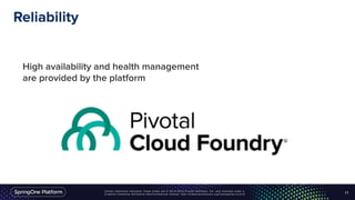 Unless otherwise indicated, these slides are © 2013-2016 Pivotal Software, Inc. and licensed under a
Creative Commons Attribution-NonCommercial license: http://creativecommons.org/licenses/by-nc/3.0/
Reliability
11
High availability and health management
are provided by the platform
 