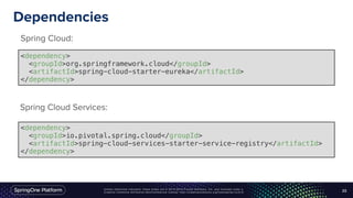 Unless otherwise indicated, these slides are © 2013-2016 Pivotal Software, Inc. and licensed under a
Creative Commons Attribution-NonCommercial license: http://creativecommons.org/licenses/by-nc/3.0/
Dependencies
23
<dependency>
<groupId>io.pivotal.spring.cloud</groupId>
<artifactId>spring-cloud-services-starter-service-registry</artifactId>
</dependency>
<dependency>
<groupId>org.springframework.cloud</groupId>
<artifactId>spring-cloud-starter-eureka</artifactId>
</dependency>
Spring Cloud:
Spring Cloud Services:
23
 
