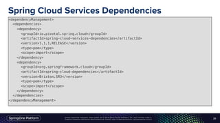 Unless otherwise indicated, these slides are © 2013-2016 Pivotal Software, Inc. and licensed under a
Creative Commons Attribution-NonCommercial license: http://creativecommons.org/licenses/by-nc/3.0/
Spring Cloud Services Dependencies
<dependencyManagement>
<dependencies>
<dependency>
<groupId>io.pivotal.spring.cloud</groupId>
<artifactId>spring-cloud-services-dependencies</artifactId>
<version>1.1.1.RELEASE</version>
<type>pom</type>
<scope>import</scope>
</dependency>
<dependency>
<groupId>org.springframework.cloud</groupId>
<artifactId>spring-cloud-dependencies</artifactId>
<version>Brixton.SR3</version>
<type>pom</type>
<scope>import</scope>
</dependency>
</dependencies>
</dependencyManagement>
29
 