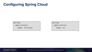 Unless otherwise indicated, these slides are © 2013-2016 Pivotal Software, Inc. and licensed under a
Creative Commons Attribution-NonCommercial license: http://creativecommons.org/licenses/by-nc/3.0/
Configuring Spring Cloud
spring:
application:
name: fortunes
31
spring:
application:
name: ui
 