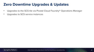 Unless otherwise indicated, these slides are © 2013-2016 Pivotal Software, Inc. and licensed under a
Creative Commons Attribution-NonCommercial license: http://creativecommons.org/licenses/by-nc/3.0/
Zero Downtime Upgrades & Updates
• Upgrades to the SCS tile via Pivotal Cloud Foundry® Operations Manager
• Upgrades to SCS service instances
39
 