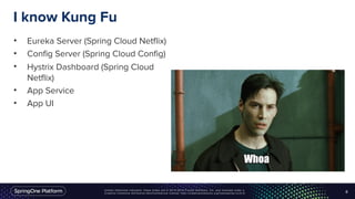 Unless otherwise indicated, these slides are © 2013-2016 Pivotal Software, Inc. and licensed under a
Creative Commons Attribution-NonCommercial license: http://creativecommons.org/licenses/by-nc/3.0/
I know Kung Fu
• Eureka Server (Spring Cloud Netflix)
• Config Server (Spring Cloud Config)
• Hystrix Dashboard (Spring Cloud
Netflix)
• App Service
• App UI
6
 