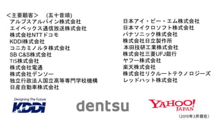 ＜主要顧客＞ (五十音順)
アルプスアルパイン株式会社
エイベックス通信放送株式会社
株式会社NTTドコモ
KDDI株式会社
コニカミノルタ株式会社
SB C&S株式会社
TIS株式会社
株式会社電通
株式会社デンソー
独立行政法人国立高等専門学校機構
日産自動車株式会社
日本アイ・ビー・エム株式会社
日本マイクロソフト株式会社
パナソニック株式会社
株式会社日立製作所
本田技研工業株式会社
株式会社三菱UFJ銀行
ヤフー株式会社
楽天株式会社
株式会社リクルートテクノロジーズ
レッドハット株式会社
（2019年3月現在）
 