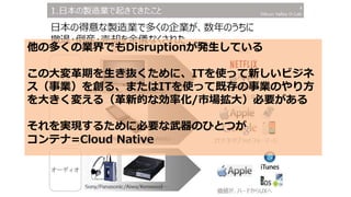 他の多くの業界でもDisruptionが発生している
この大変革期を生き抜くために、ITを使って新しいビジネ
ス（事業）を創る、またはITを使って既存の事業のやり方
を大きく変える（革新的な効率化/市場拡大）必要がある
それを実現するために必要な武器のひとつが
コンテナ=Cloud Native
 