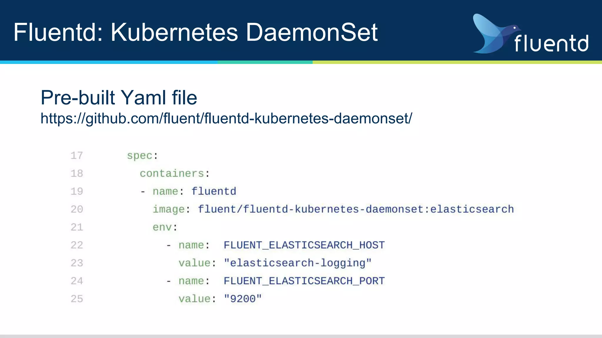 Fluentd: Kubernetes DaemonSet
Pre-built Yaml file
https://github.com/fluent/fluentd-kubernetes-daemonset/
 