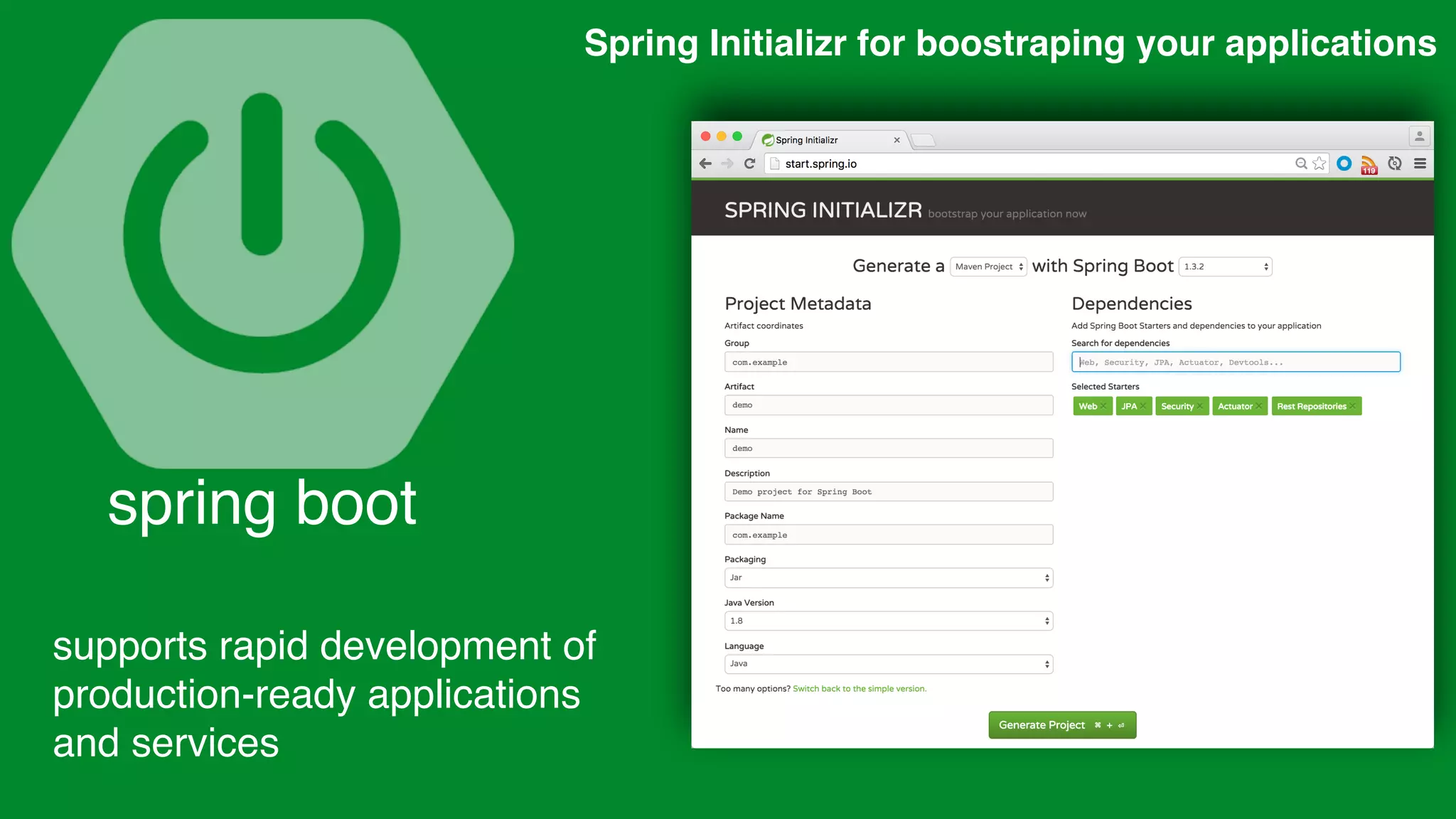 spring boot
Spring Initializr for boostraping your applications
supports rapid development of
production-ready applications
and services
 
