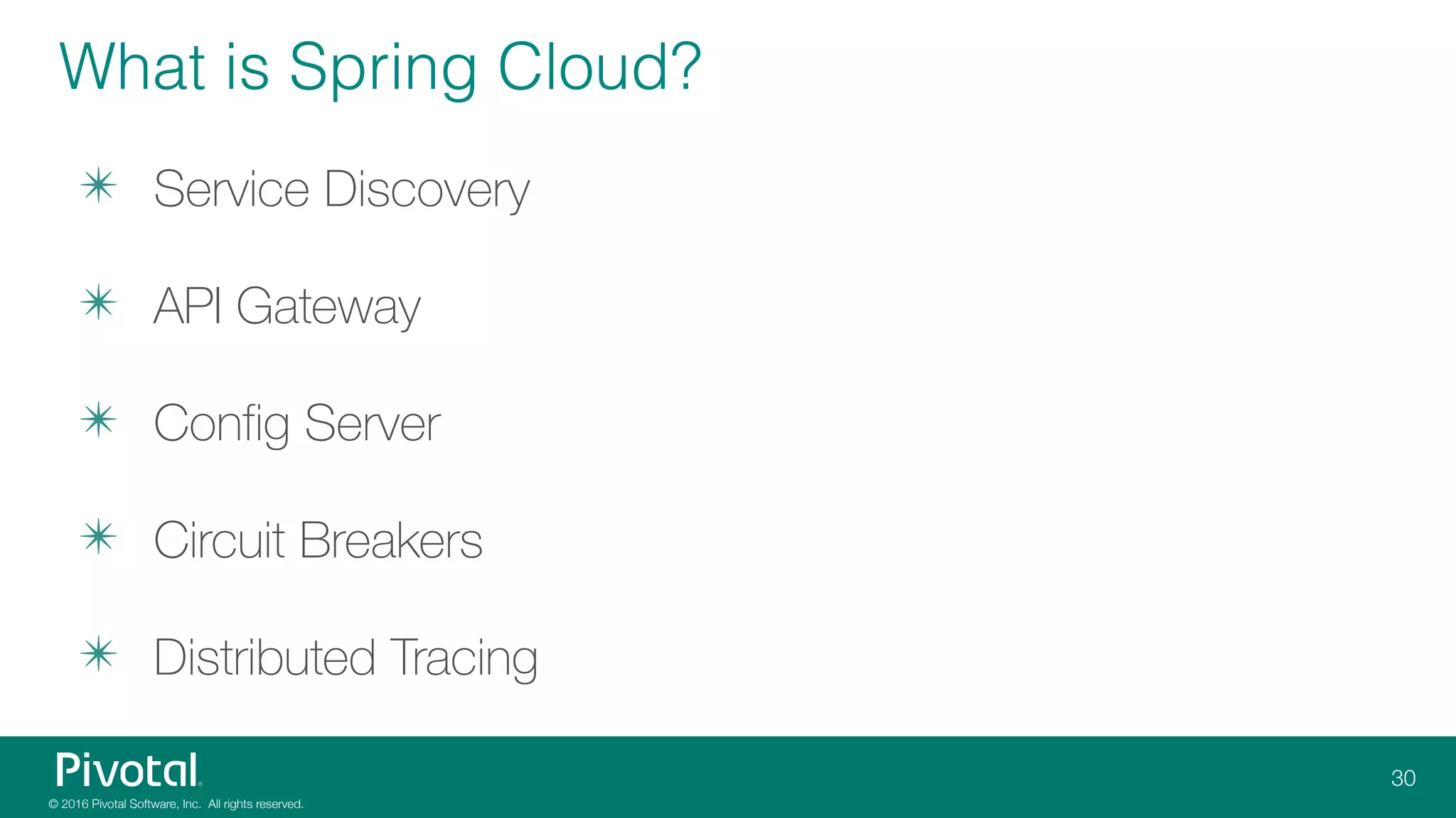 What is Spring Cloud?
✴ Service Discovery
✴ API Gateway
✴ Config Server
✴ Circuit Breakers
✴ Distributed Tracing
 