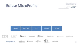 11
Eclipse MicroProfile
JAX-RS JSON-PCDIRest Client JSON-B
microprofile.io
 