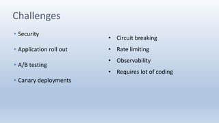 Challenges
▸Security
▸Application roll out
▸A/B testing
▸Canary deployments
• Circuit breaking
• Rate limiting
• Observability
• Requires lot of coding
 