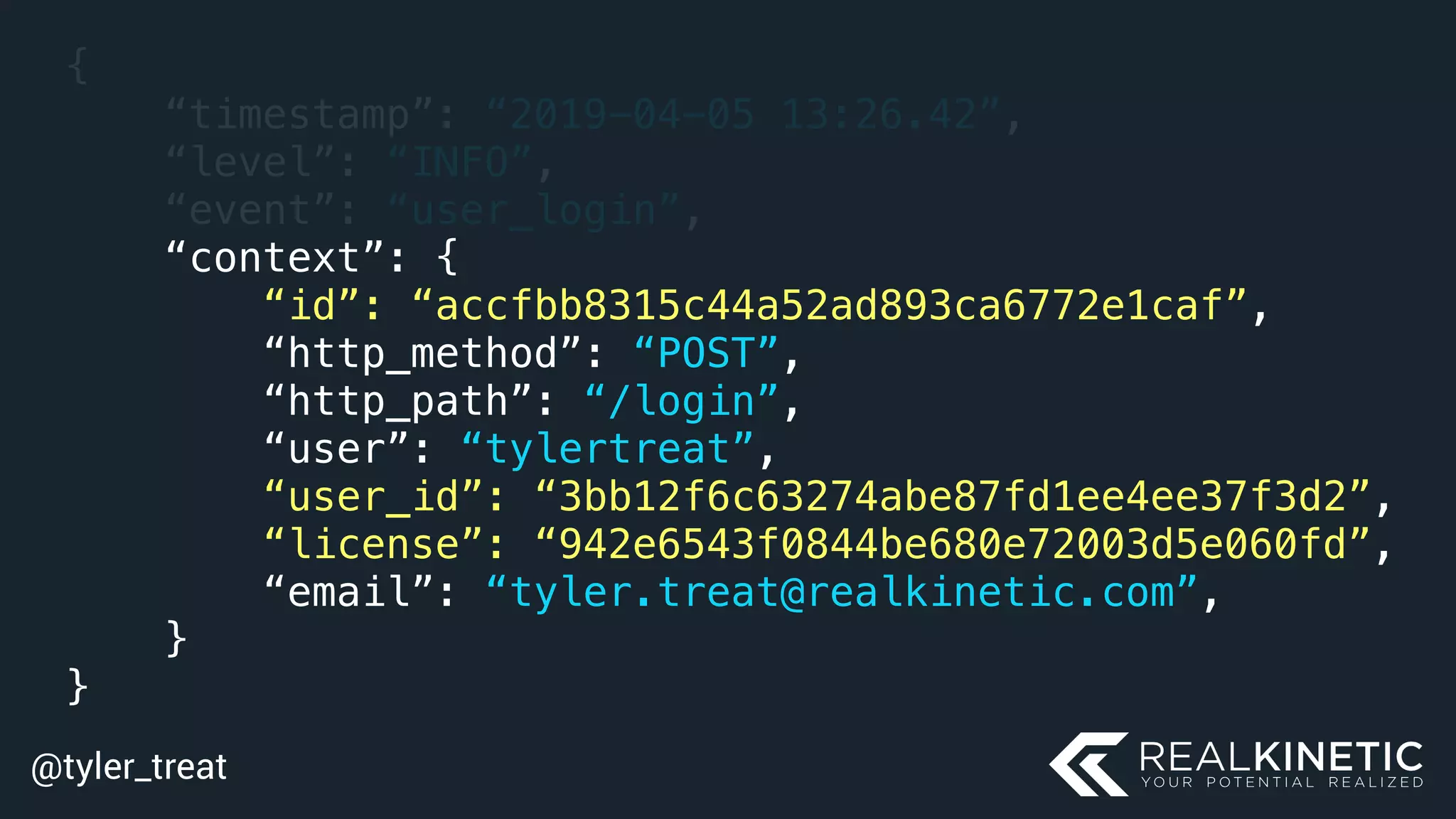 @tyler_treat
{
“timestamp”: “2019-04-05 13:26.42”,
“level”: “INFO”,
“event”: “user_login”,
“context”: {
“id”: “accfbb8315c44a52ad893ca6772e1caf”,
“http_method”: “POST”,
“http_path”: “/login”,
“user”: “tylertreat”, 
“user_id”: “3bb12f6c63274abe87fd1ee4ee37f3d2”, 
“license”: “942e6543f0844be680e72003d5e060fd”,
“email”: “tyler.treat@realkinetic.com”,
}
}
 