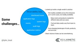 @tyler_treat
Some 
challenges…
 
Observability Data
application logs
system logs
audit logs
application metrics
distributed traces
events
- Locked up inside a single vendor’s solution
- Not readily available across the enterprise 
(or in some cases, too readily available)
- Many tools and products needed for 
different data and use cases
- Tool and data needs vary from team to 
team
- Ever-changing landscape of tools, products, 
and services
- Sheer volume of data can be overwhelming
 