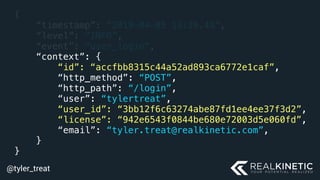 @tyler_treat
{
“timestamp”: “2019-04-05 13:26.42”,
“level”: “INFO”,
“event”: “user_login”,
“context”: {
“id”: “accfbb8315c44a52ad893ca6772e1caf”,
“http_method”: “POST”,
“http_path”: “/login”,
“user”: “tylertreat”, 
“user_id”: “3bb12f6c63274abe87fd1ee4ee37f3d2”, 
“license”: “942e6543f0844be680e72003d5e060fd”,
“email”: “tyler.treat@realkinetic.com”,
}
}
 