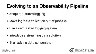 @tyler_treat
Evolving to an Observability Pipeline
• Adopt structured logging
• Move log/data collection out of process
• Use a centralized logging system
• Introduce a streaming data solution
• Start adding data consumers
 