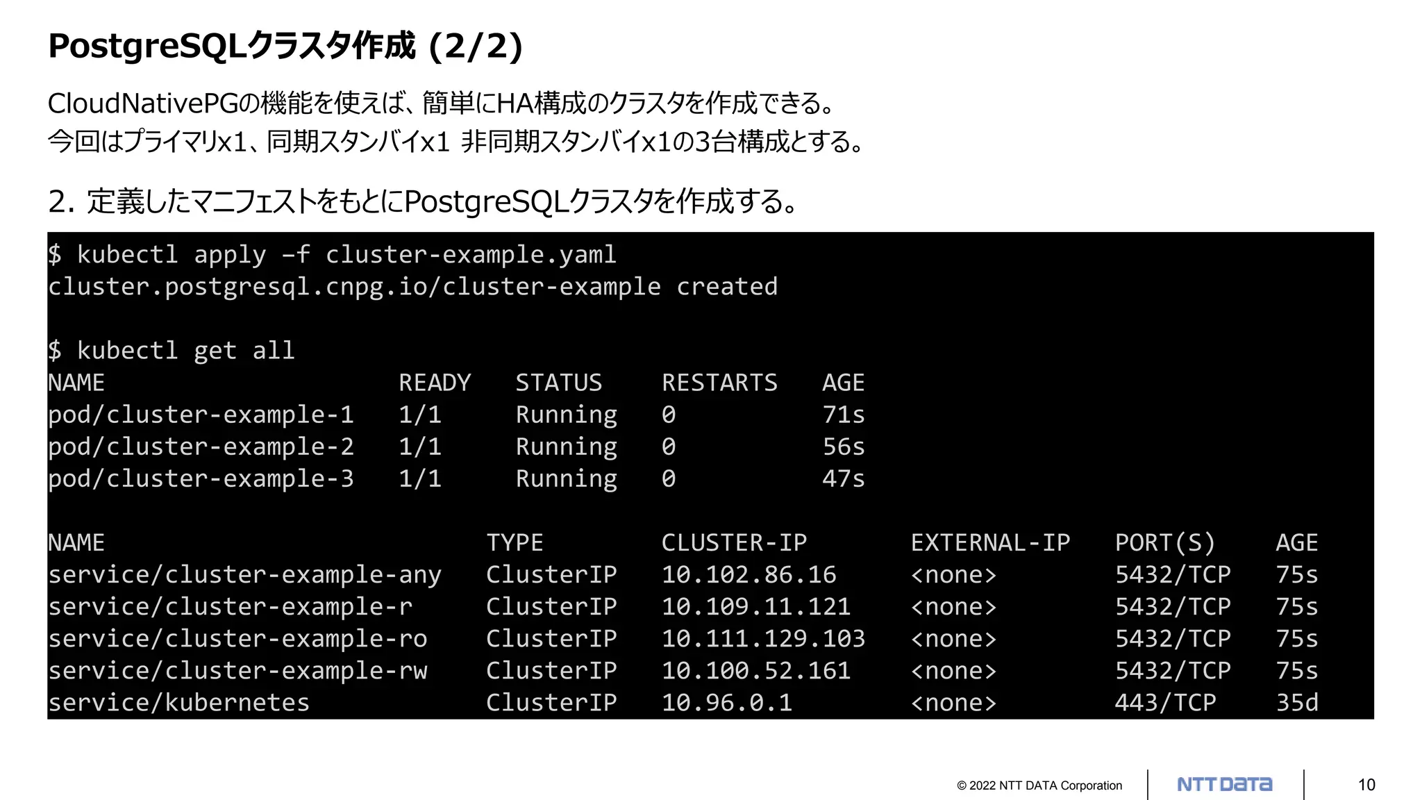 © 2022 NTT DATA Corporation 10
PostgreSQLクラスタ作成 (2/2)
CloudNativePGの機能を使えば、簡単にHA構成のクラスタを作成できる。
今回はプライマリx1、同期スタンバイx1 非同期スタンバイx1の3台構成とする。
$ kubectl apply –f cluster-example.yaml
cluster.postgresql.cnpg.io/cluster-example created
$ kubectl get all
NAME READY STATUS RESTARTS AGE
pod/cluster-example-1 1/1 Running 0 71s
pod/cluster-example-2 1/1 Running 0 56s
pod/cluster-example-3 1/1 Running 0 47s
NAME TYPE CLUSTER-IP EXTERNAL-IP PORT(S) AGE
service/cluster-example-any ClusterIP 10.102.86.16 <none> 5432/TCP 75s
service/cluster-example-r ClusterIP 10.109.11.121 <none> 5432/TCP 75s
service/cluster-example-ro ClusterIP 10.111.129.103 <none> 5432/TCP 75s
service/cluster-example-rw ClusterIP 10.100.52.161 <none> 5432/TCP 75s
service/kubernetes ClusterIP 10.96.0.1 <none> 443/TCP 35d
2. 定義したマニフェストをもとにPostgreSQLクラスタを作成する。
 