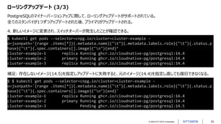 © 2022 NTT DATA Corporation 20
ローリングアップデート (3/3)
PostgreSQLのマイナーバージョンアップに際して、ローリングアップデートがサポートされている。
全てのスタンバイが1つずつアップデートされた後、プライマリがアップデートされる。
4. 新しいイメージに変更され、スイッチオーバーが発生したことが確認できる。
$ kubectl get pods --selector=cnpg.io/cluster=cluster-example -
o=jsonpath='{range .items[*]}{.metadata.name}{"t"}{.metadata.labels.role}{"t"}{.status.p
hase}{"t"}{.spec.containers[].image}{"n"}{end}’
cluster-example-1 replica Running ghcr.io/cloudnative-pg/postgresql:14.4
cluster-example-2 primary Running ghcr.io/cloudnative-pg/postgresql:14.4
cluster-example-3 replica Running ghcr.io/cloudnative-pg/postgresql:14.4
補足: 存在しないイメージ(14.5)を指定しアップデートに失敗すると、元のイメージ(14.4)を指定し直しても復旧できなくなる。
$ $ kubectl get pods --selector=cnpg.io/cluster=cluster-example -
o=jsonpath='{range .items[*]}{.metadata.name}{"t"}{.metadata.labels.role}{"t"}{.status.p
hase}{"t"}{.spec.containers[].image}{"n"}{end}'
cluster-example-1 replica Running ghcr.io/cloudnative-pg/postgresql:14.4
cluster-example-2 primary Running ghcr.io/cloudnative-pg/postgresql:14.4
cluster-example-3 Pending ghcr.io/cloudnative-pg/postgresql:14.5
 