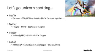 Let’s go unicorn spotting…
• Netflix
• Karyon + HTTP/JSON or RxNetty RPC + Eureka + Hystrix + …
• Twitter
• Finagle + Thrift + ZooKeeper + Zipkin
• Google
• Stubby (gRPC) + GSLB + GFE + Dapper
• AirBnB
• HTTP/JSON + SmartStack + ZooKeeper + Charon/Dyno
27/09/2017 @danielbryantuk
 