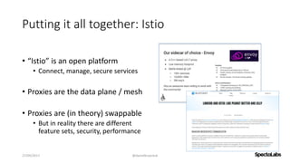 Putting it all together: Istio
• “Istio” is an open platform
• Connect, manage, secure services
• Proxies are the data plane / mesh
• Proxies are (in theory) swappable
• But in reality there are different
feature sets, security, performance
27/09/2017 @danielbryantuk
 