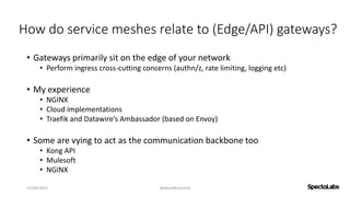 How do service meshes relate to (Edge/API) gateways?
• Gateways primarily sit on the edge of your network
• Perform ingress cross-cutting concerns (authn/z, rate limiting, logging etc)
• My experience
• NGINX
• Cloud implementations
• Traefik and Datawire’s Ambassador (based on Envoy)
• Some are vying to act as the communication backbone too
• Kong API
• Mulesoft
• NGINX
27/09/2017 @danielbryantuk
 