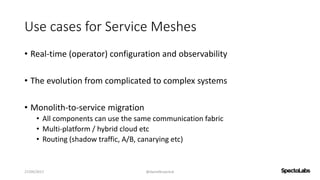 Use cases for Service Meshes
• Real-time (operator) configuration and observability
• The evolution from complicated to complex systems
• Monolith-to-service migration
• All components can use the same communication fabric
• Multi-platform / hybrid cloud etc
• Routing (shadow traffic, A/B, canarying etc)
27/09/2017 @danielbryantuk
 