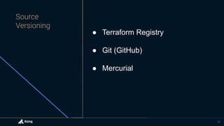 17
● Terraform Registry
● Git (GitHub)
● Mercurial
 