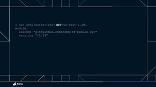 $ cat kong/worker/env/ dev/us-west-2.yml
module:
source: "git@github.com:Kong/tf-module.git"
version: "v0.23"
 