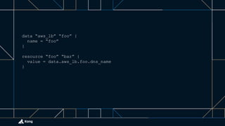 data “aws_lb” “foo” {
name = “foo”
}
resource “foo” “bar” {
value = data.aws_lb.foo.dns_name
}
 