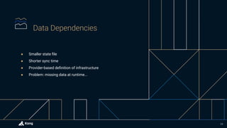 ● Smaller state ﬁle
● Shorter sync time
● Provider-based deﬁnition of infrastructure
● Problem: missing data at runtime...
34
 