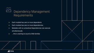 ● Each module has zero or more dependents
● Each module has zero or more dependencies
● Modules with no unresolved dependencies can execute
simultaneously
● … this is starting to sound a little familiar
38
 