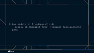 $ for module in $(./deps.sh); do
deploy.sh [module] [vpc] [region] [environment]
done
 