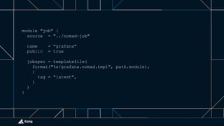 module "job" {
source = "../nomad-job"
name = "grafana"
public = true
jobspec = templatefile(
format("%s/grafana.nomad.tmpl", path.module),
{
tag = "latest",
}
)
}
 