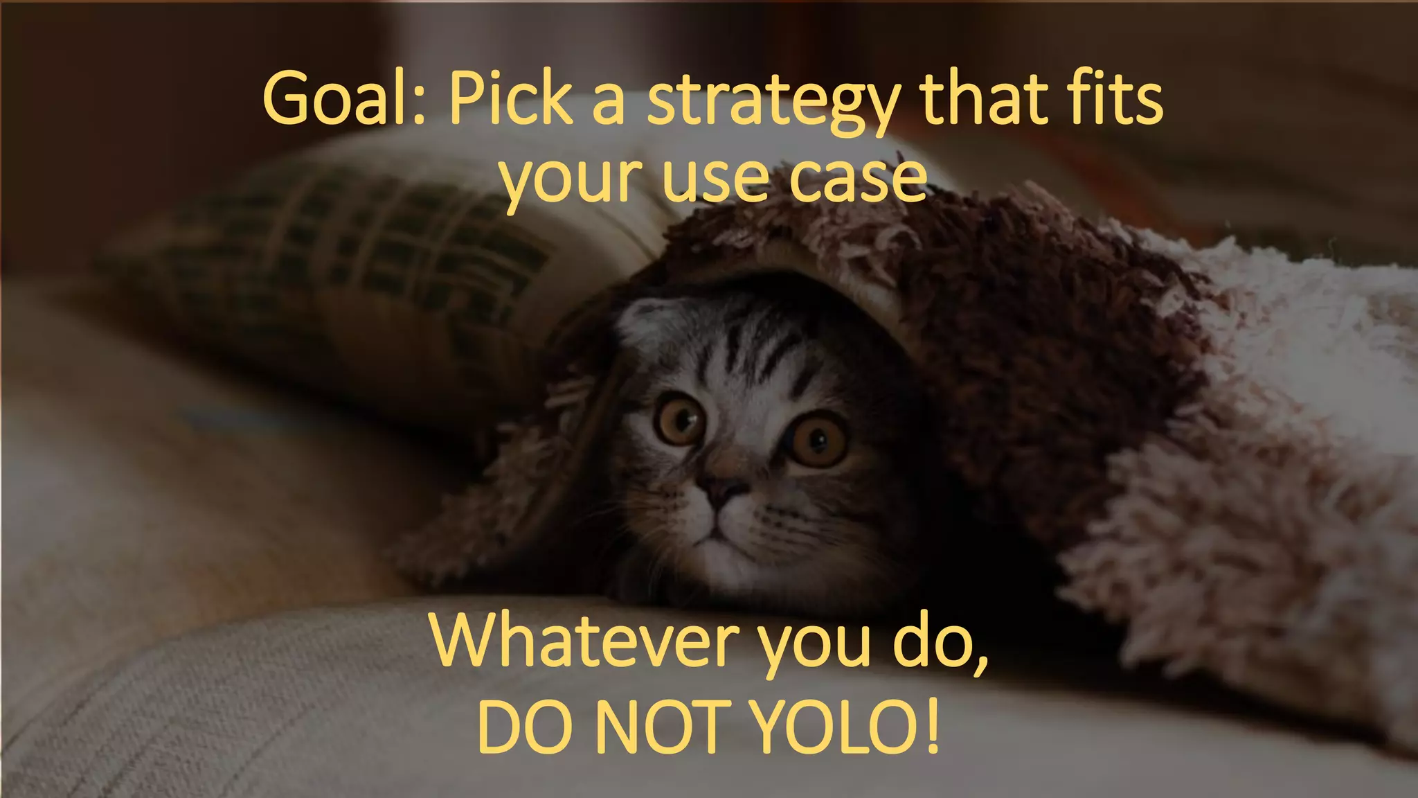 Whatever you do,
DO NOT YOLO!
Goal: Pick a strategy that fits
your use case
 