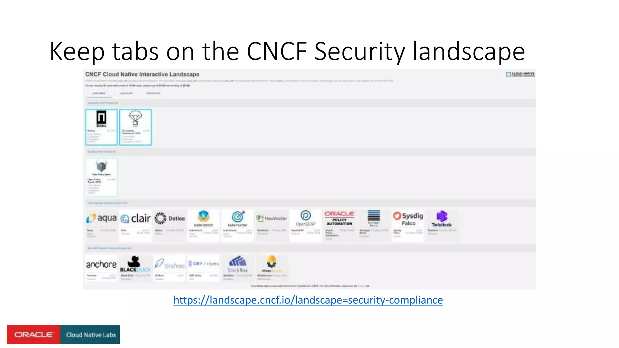 Keep tabs on the CNCF Security landscape
https://landscape.cncf.io/landscape=security-compliance
 