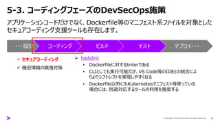5-3. コーディングフェーズのDevSecOps施策
アプリケーションコードだけでなく、Dockerfile等のマニフェスト系ファイルを対象とした
セキュアコーディング支援ツールも存在します。
24
➢ hadolint
• Dockerfileに対するlinterである
• CLIとしても実行可能だが、VS Code等のIDEとの統合によ
りよりシフトレフトを実現しやすくなる
• Dockerfile以外にもKubernetesマニフェスト等使っている
場合には、別途対応するツールの利用を推奨する
・・・設計 コーディング ビルド テスト デプロイ・・・
✓ セキュアコーディング
✓ 機密情報の漏洩対策
 