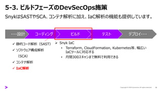5-3. ビルドフェーズのDevSecOps施策
SnykはSASTやSCA、コンテナ解析に加え、IaC解析の機能も提供しています。
35
・・・設計 コーディング ビルド テスト デプロイ・・・
➢ Snyk IaC
• Terraform, CloudFormation, Kubernetes等、幅広い
IaCツールに対応する
• 月間300スキャンまで無料で利用できる
✓ 静的コード解析（SAST）
✓ ソフトウェア構成解析
（SCA）
✓ コンテナ解析
✓ IaC解析
 