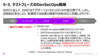 5-3. テストフェーズのDevSecOps施策
SASTと並んで、DASTはアプリケーションセキュリティの代表分野です。しかし、
誤検知の多さにより、実運用では結果の精査や改修対応に苦戦しがちです。
37
・・・設計 コーディング ビルド テスト デプロイ・・・
✓ 動的アプリ解析（DAST） ➢ OWASP ZAP
• OWASP Foundation直属のOSSプロジェクトである
• SASTのSonarQubeとセットで永らく愛されている
• OWASP ZAPに限らないが、DASTの特性上、誤検知（特
にFalse Positive）が大量に発生する場合が多い。そのため、
導入しても解析結果の精査・改修対応をしきれず、形骸化し
てしまうプロジェクトもある。商用製品の前にOWASP ZAPの
ようなOSSを導入してみて、本当に使いこなせるのかを吟味す
ることを推奨。
※DAST・・・Dynamic Application Security Testing
 