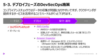 5-3. デプロイフェーズのDevSecOps施策
コンプライアンスチェックではデータの収集が問題となりやすいですが、クラウドベンダが
提供するサービスを活用することでハードルがぐっと下がります。
39
・・・テスト デプロイ 保守・運用 ・・・
✓ コンプライアンスチェック
✓ ガードレール
➢ AWS Config
• AWSリソースの設定を記録する
• 記録したデータに対して、事前定義したルールに基づきコンプラ
イアンスチェックを実行する
➢ Amazon Inspector
• 仮想サーバ（Amazon EC2）とコンテナレジストリ
（Amazon ECR）を対象に脆弱性を検査・管理する
• re:Invent 2021においてv2が登場したため、v1しか知らな
い方は再チェックしてみてください
 